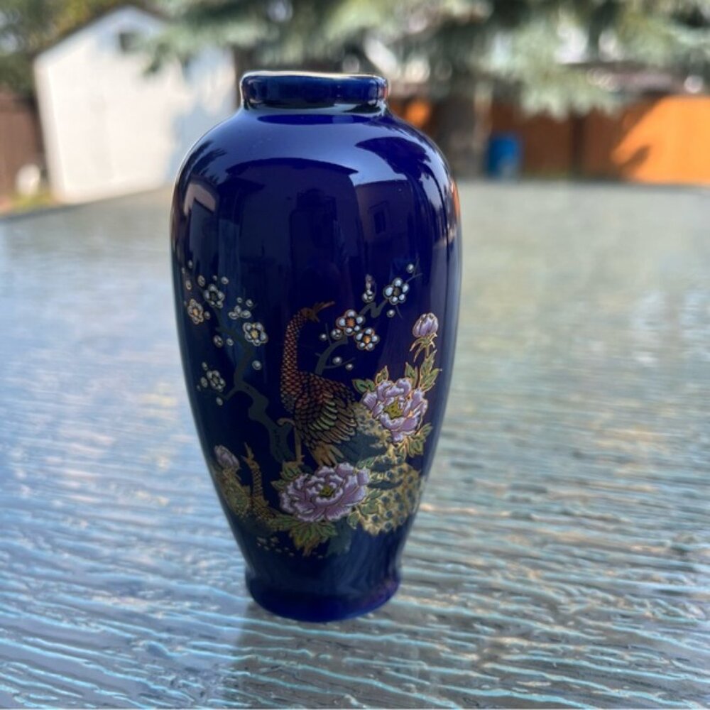 Kyoto Imperial Peacock Cherry Tree Japanese Porcelain Handcrafted Blue Mini Vase